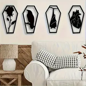 Contemporary Acrylic Gothic Wall Halloween Decoration Set, Coffin Shape with Heart Bat Crow Rose Patterns, Home Party Gift Wall Decor, Tombstone Wall Art