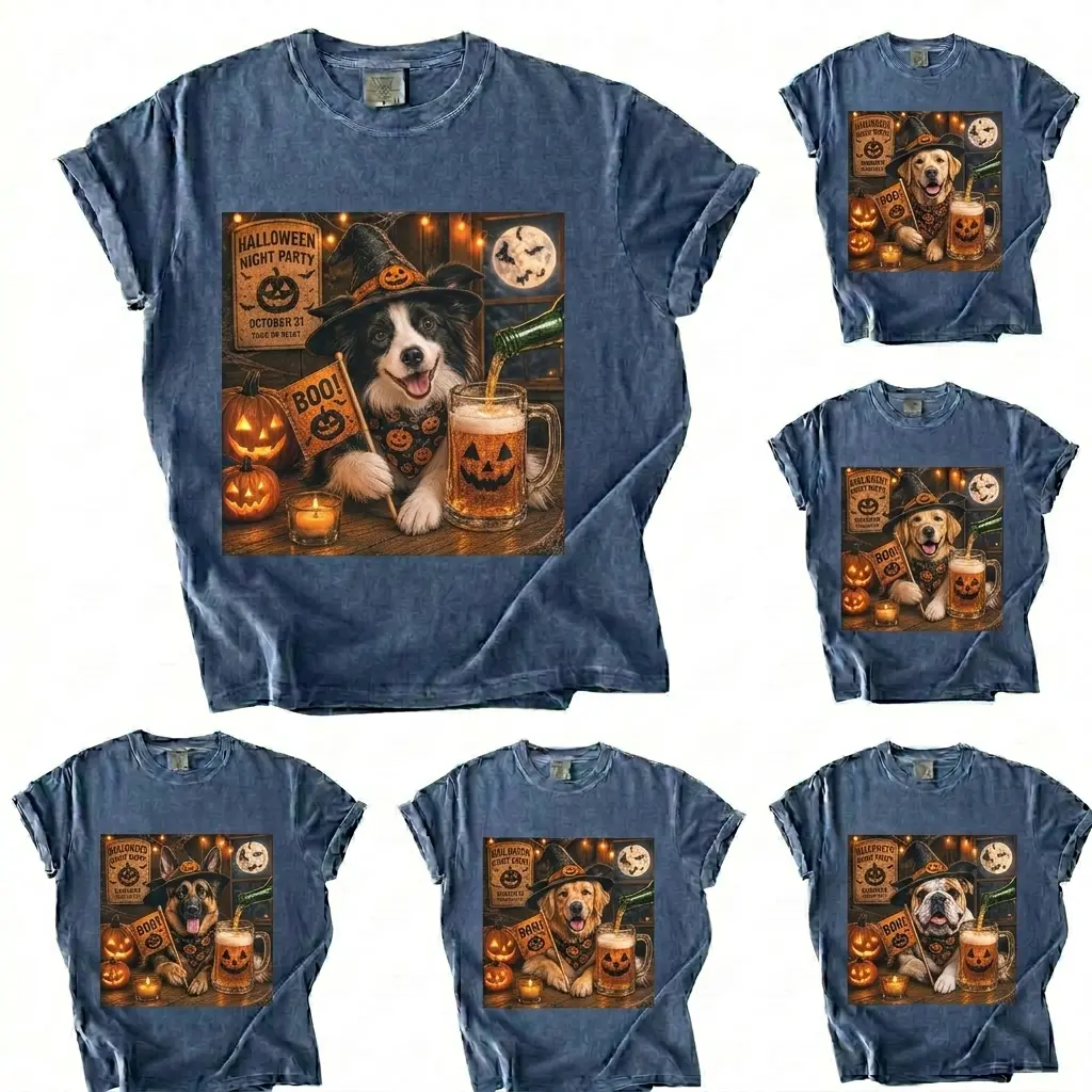 Women's Graphic T-Shirt Tops - Custom Dog Breed (Corgi, Poodle, Boston Terrier, Pug) Summerween Witch Beer Halloween Apparel, Personalized for 50+ Breeds, Retro Style, Hang Dry