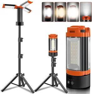 Rechargeable 12000mAh Camping Light with Adjustable Stand, Cordless Work Light with 3 LED Lamp Heads, 2200 Lumens Dimmable   Flashlight with Detachable Tripod, Orange