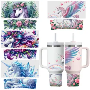 4 Sheets Unicorn Floral Rainbow Wings Heart Crystal Waterfall UV DTF Stickers for 40oz Tumblers UV DTF Adhesive Waterproof DIY side  eyes  sticker