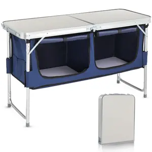 4 Ft Folding Table, Aluminum Camping Table, Picnic Table with Storage, Adjustable Height for Outdoor Beach BBQ Backyards Travel Party (White ＆ Blue)