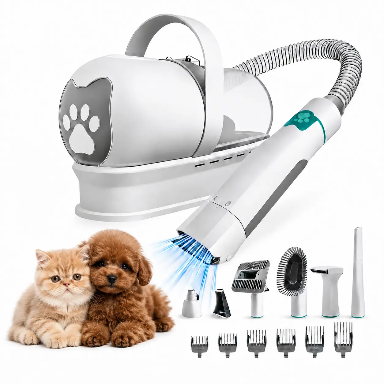 Dog Grooming Kit with Hair Vacuum Function, 7-in-1 Pet Clipper Set, Paw Hair Shear, Nail Polisher & 6 Trimming Combs
