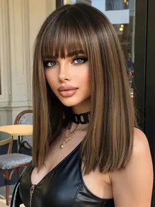 Highlighted 18 Inch Long Straight Wig with Bangs, Straight Hair Wig, Heat Resistant Casual Fashion Wig for Daily Commuting & All Seasons, Synthetic Material Wigs