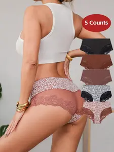 Women's Leopard Print Panties Set, Slim Fit Drop Waist Design, Contrast Lace Detailing, All-Season Comfortable Underwear