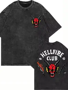 1 men's sports washed old Fitted Casual T-shirt, Vintage Print, themed "Hellfire Club" from Stranger Things, representing 1980s youth subculture, friendship, and adventurous spirit, Dungeons&Dragons club at Hawkins High School