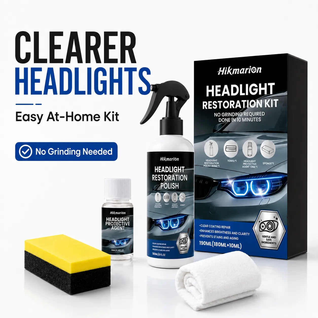 Automotive Headlight Restoration Kit (1 Kit) - 190ml Oxidation Fix Liquid, Coating Renewal Agent, Crystalline Ceramic Coating, Clean Sponge, Towel, No Grinding, Clarity Boost, Reduces Yellowing, For At-Home Car Owners