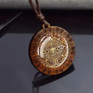 1pc Vintage Aztec Calendar Wooden Pendant Necklace For Men