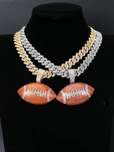 Hip-Hop Charm Rugby Pendant Necklace, Iced Cuban Chain Cuban Link Design Jewelry for Men and Women, Shining Daily Matching Accessory, Cuban Chunky Chain, Iced Out Chain