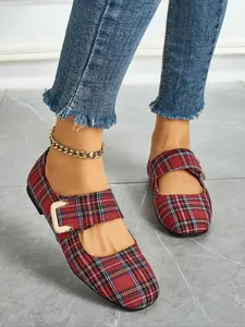 Women's Plaid Flats, Square Toe Geometric Design, Textile Upper, Rubber Sole, Medium Width, All Season Casual Shoes, Fashion Flat Shoes