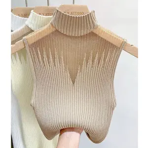 Y-STUDIO Women's Turtleneck Blouse High Quality Casual Tops  Units Slim Fit Sleeveless Knitwear for Womenswear Beige Color