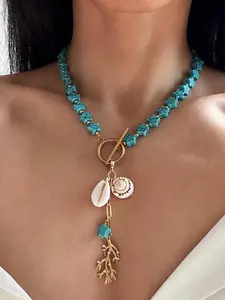 Women's Fashion Pendant Necklace, Bohemian Ocean Vacation Style, Coral Shell Conch Pendant, Turquoise Bead Fresh Look, Daily Wear