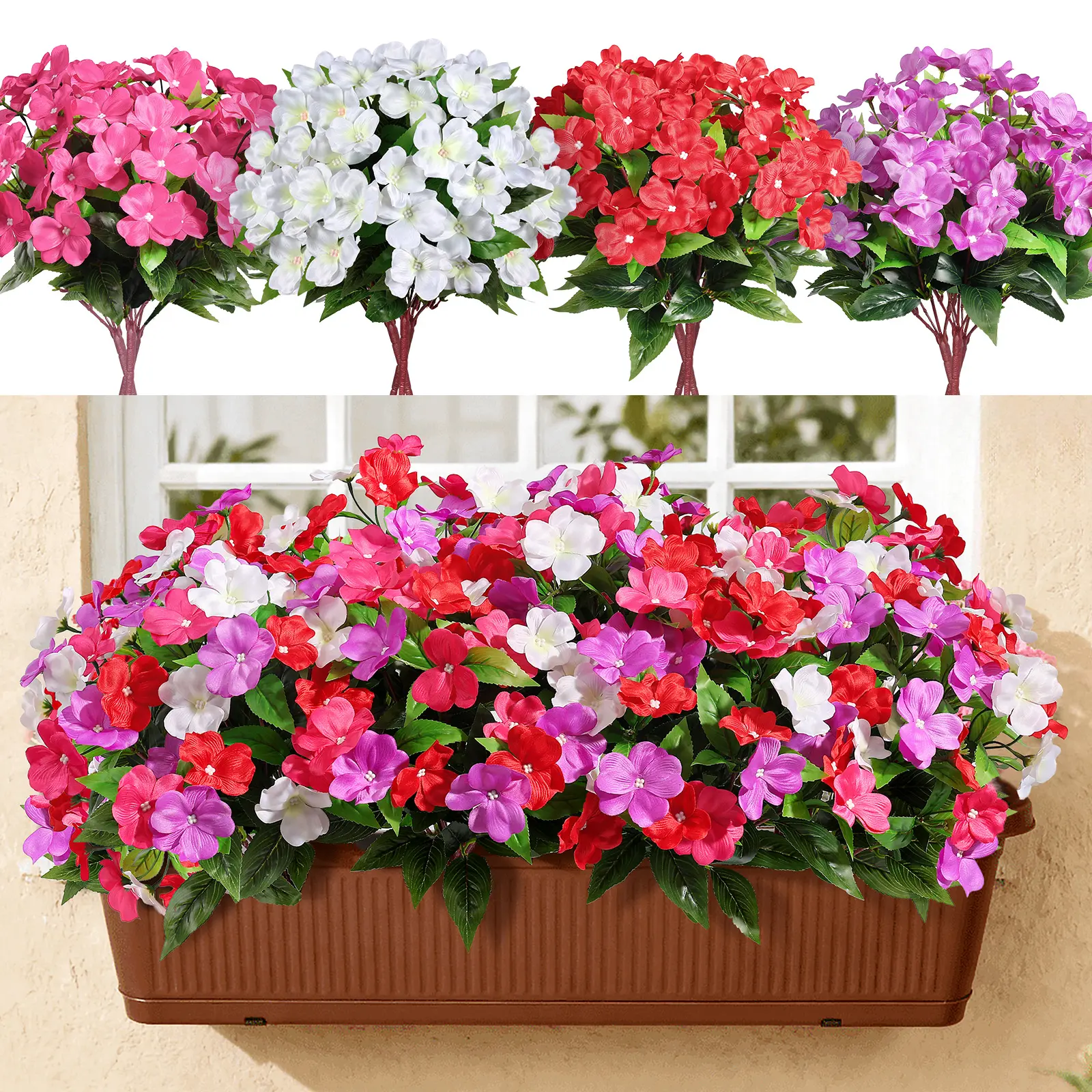 SHareconn 4Pack Artificial Impatiens Flowers, UV Resistant Faux Silk Spring Flowers for Indoor Outdoor Porch, Patio, Yard & Window Box Decor