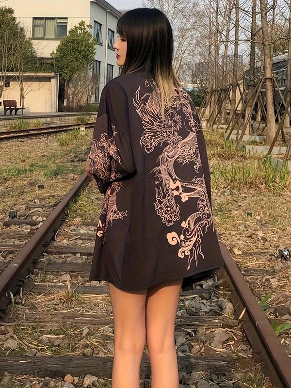 Japanese Style Kimono Dragon Print Cardigan, Unisex Thin Outerwear, Casual Beach Vacation Shawl, Halloween Costume, Fashionable Cape Jacket