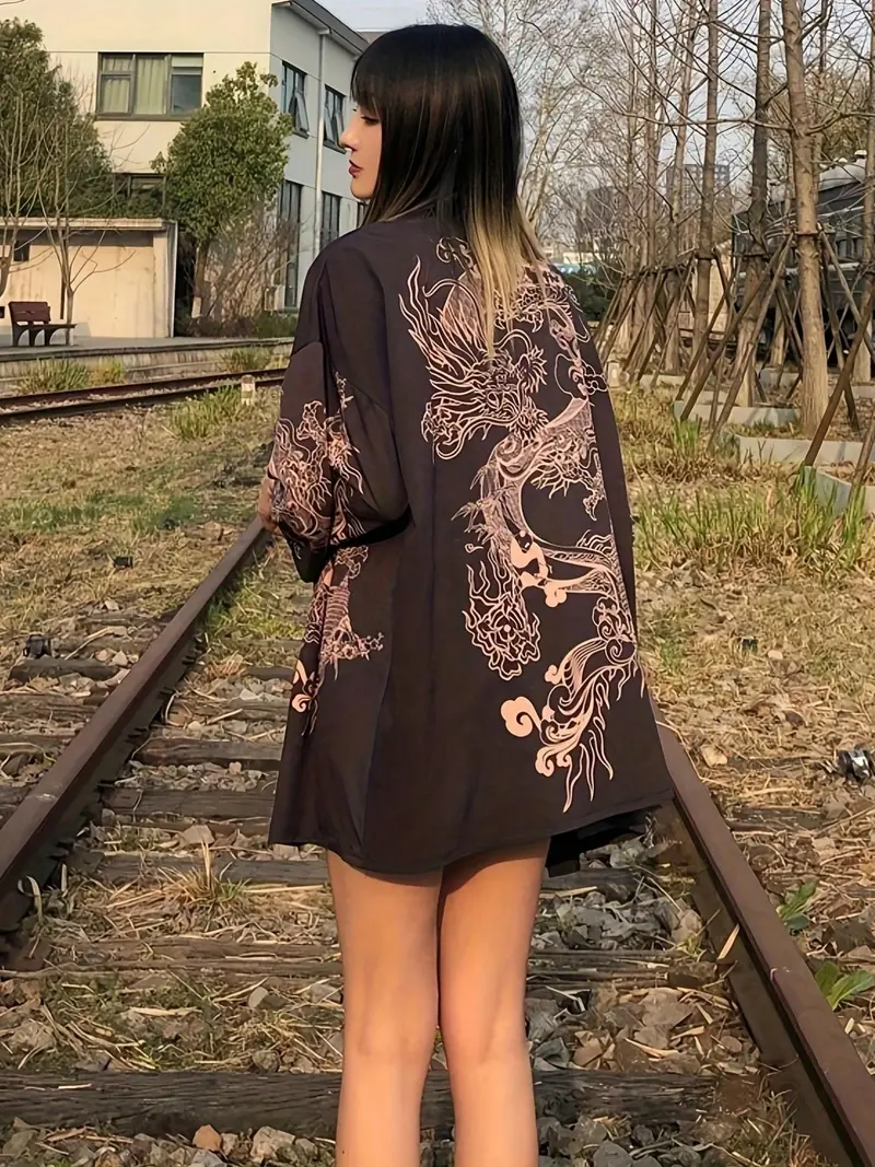 Japanese Style Kimono Dragon Print Cardigan, Unisex Thin Outerwear, Casual Beach Vacation Shawl, Halloween Costume, Fashionable Cape Jacket