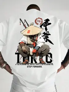 Men's Casual High Street Samurai Style Short Sleeve T-Shirt, Loose Fit Graphic Tee, Comfortable Daily Wear, Japanese Culture Fashion