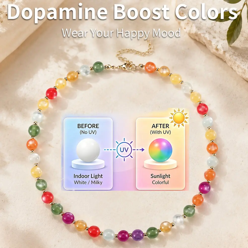 Bohemian Sunlight Color-Changing Natural Stone Beaded Necklace Adjustable Vibrant Rainbow Candy Rosary Style Long Chain Daily Summer Vacations, Party Wear, Jewelry, Holiday Gift Necklace