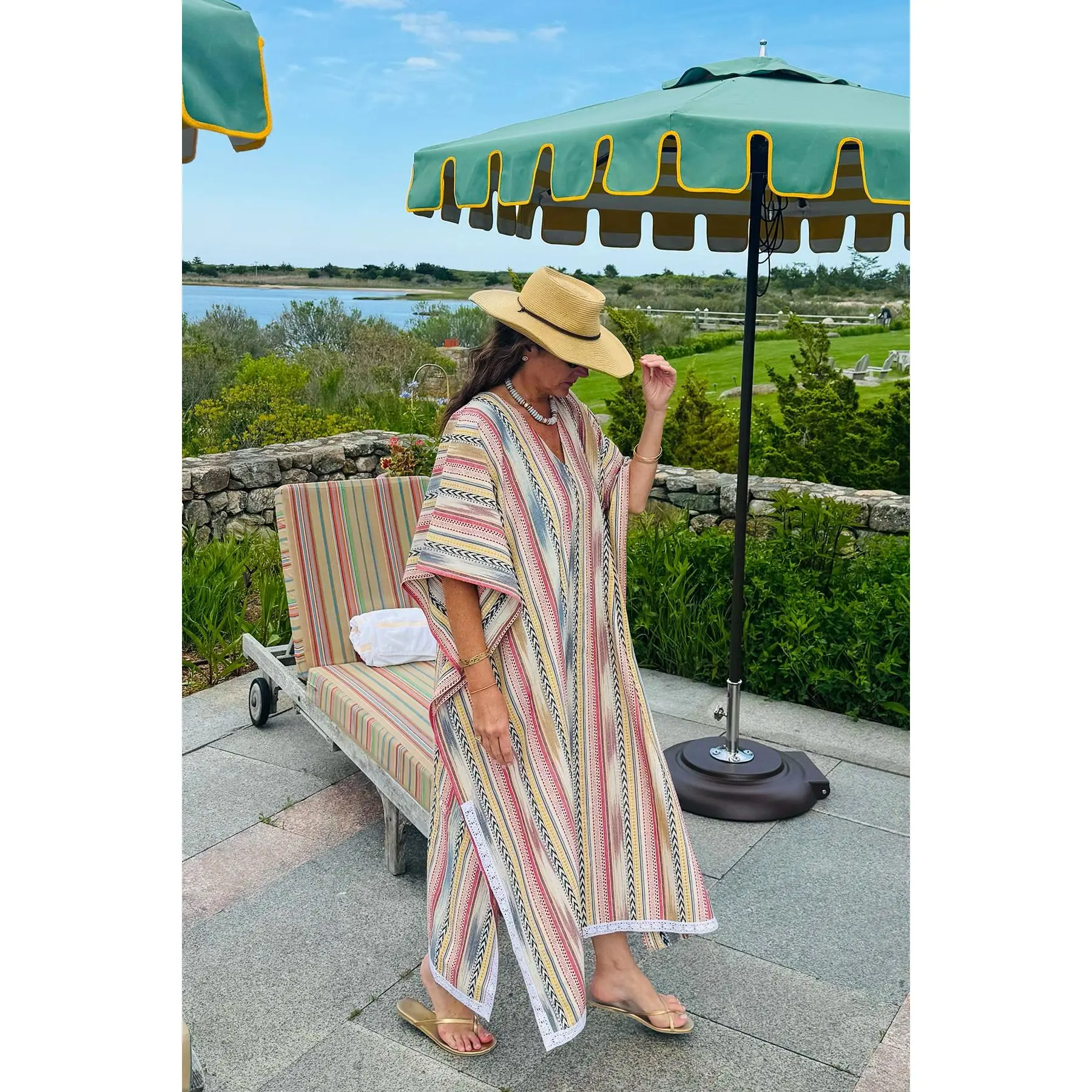V-Neck Beach Kaftan Long | Cap Ferrat Ikat Stripe