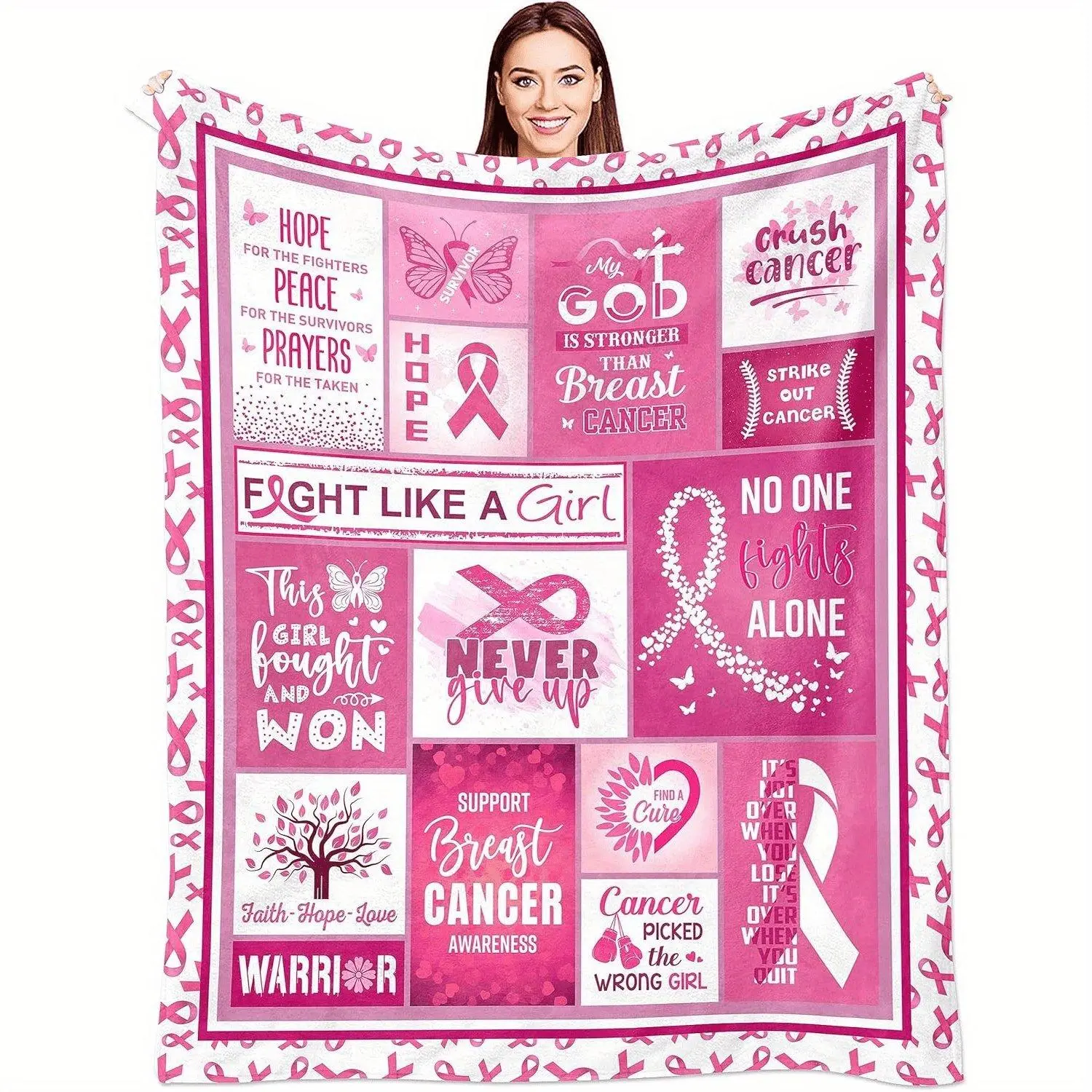 Breast Cancer Awareness Soft Flannel Fleece Throw Blanket – Inspirational Messages, Pink Ribbon Design, Comforting Gift for Birthdays, Anniversaries, and Holidays, Cozy Sofa TV Blanket, All-Season Use, Cancer Survivors Gift
