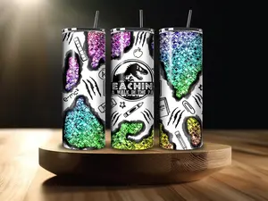 20 OZ Teaching is a Walk in the Park Jurassic Theme Colorful Glitter Stainless Steel Tumbler W/ Straw