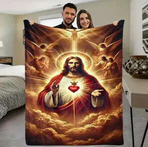 Jesus Print Flannel Blanket, Soft Cozy Christian Themed Blanket For Romantic Gifting, Home Living Room Bedroom Sofa Couch Decor
