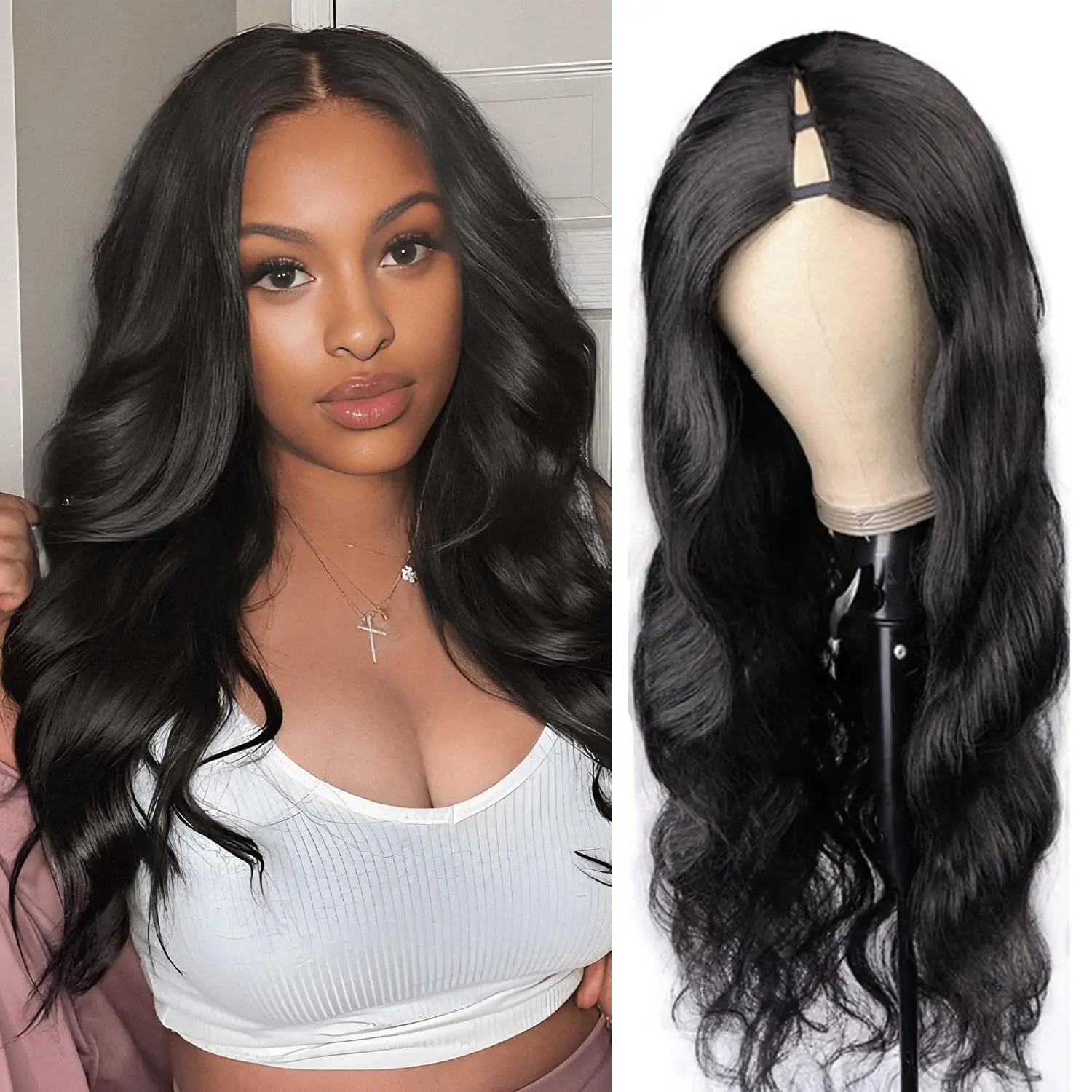 24 Inch V Part Body Wave Wigs Synthetic Hair No Leave Out Upgrade U Part Wig for Black Women Clip in Half Wig 180% Density No Lace No Glue No Sew Natural Black