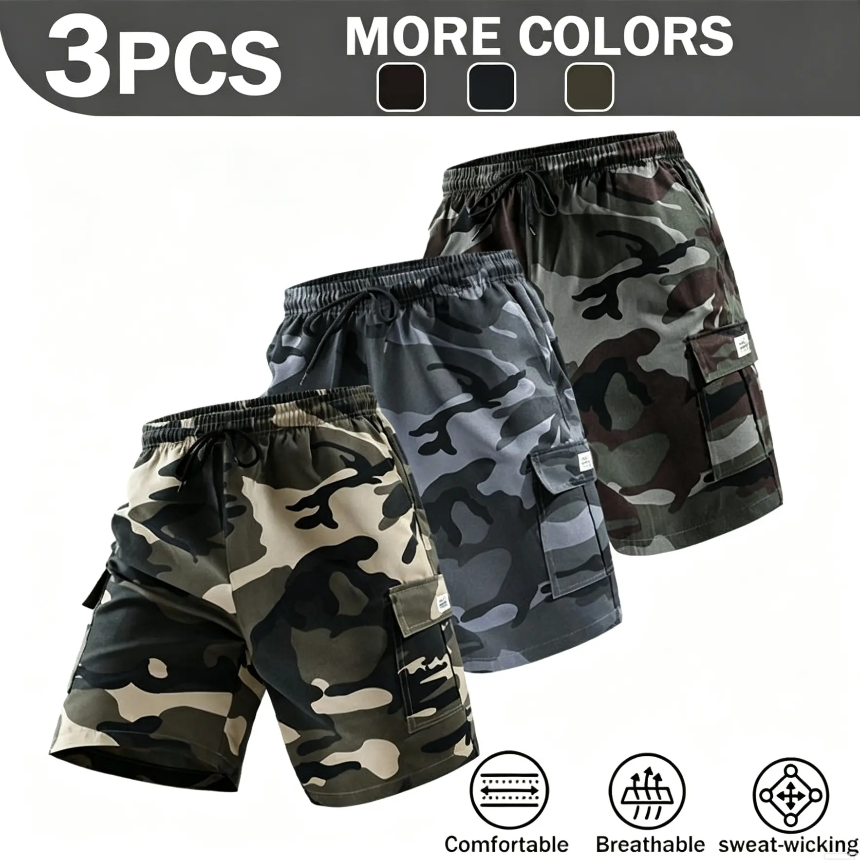 3-pack camouflage cargo shorts for men, multi-pocket drawstring casual shorts, summer outdoor fashionable and versatile bottoms