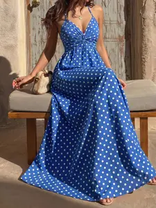 Boho Chic Blue Polka Dot Dress, Elegant Slim Fit V-Neck Tie Waist Maxi Dress, French Vintage Style, Perfect for Summer Travel Photoshoots, Womenswear