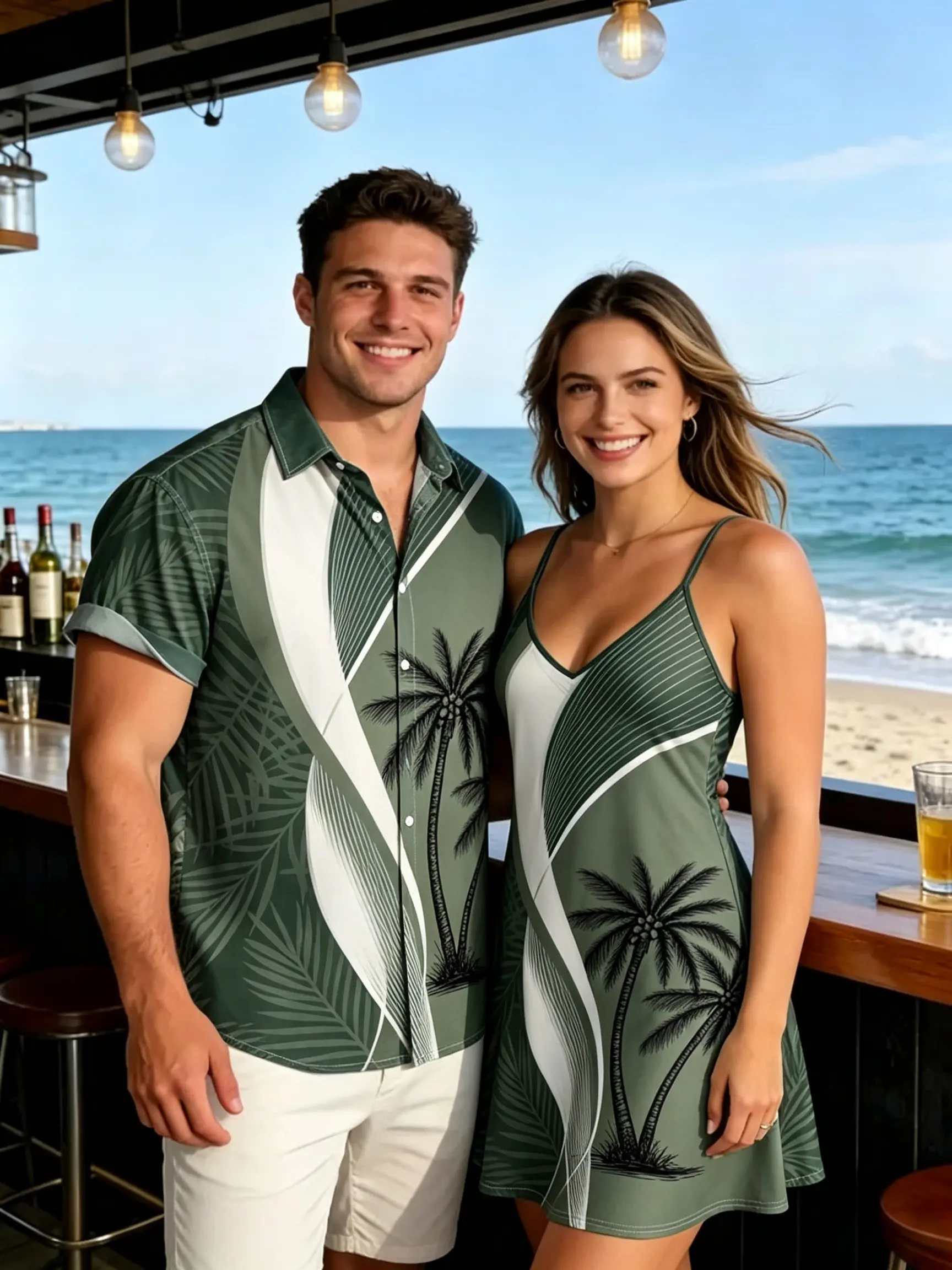 DRESSLILY His and Hers Chic Casual Matching Set - Retro Leaf Print High Waisted Maxi Dress and Men's Short Sleeve Button Shirt M L, Sexy