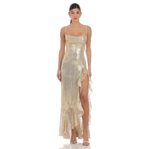 Sequin Ruffle Maxi Dress in Gold
