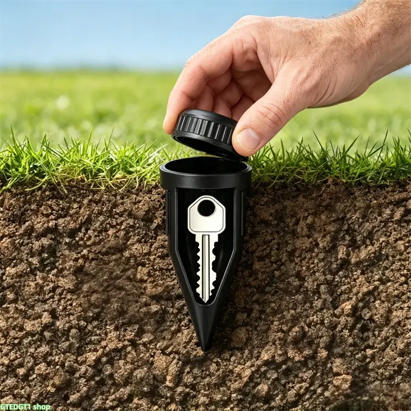 Simulated In-Ground Key Hider—a durable, high-quality plastic hidden key storage box. This decorative unit inserts easily into the lawn, serving as a weather-resistant outdoor security accessory for storing spare keys in backyards, gardens, and on patios.