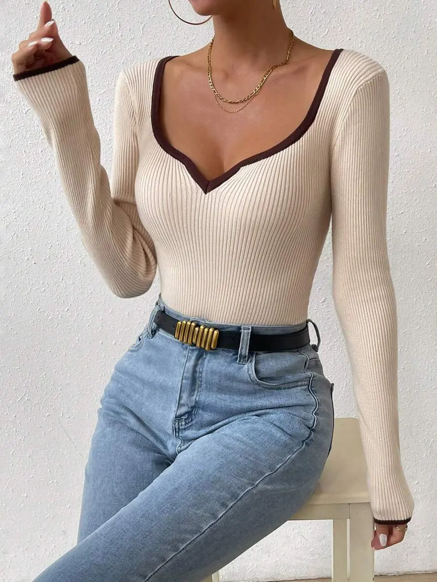 Contrast Binding Sweetheart Neck Ribbed Knit Sweater,Long Sleeve Tops Knit Pullover Fall Winter Sweater- back to school outfit