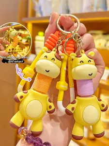 Cute Retractable Neck Giraffe Keychain Stretchable Fidget Toy Stress Relief Silicone Cartoon Animal Key Ring Aesthetic Backpack Bag Charm Gift for Women Girls Kids Fidget Lovers