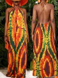 Sexy Tropical Print Dress for Music Festivals, Beach Vacation, Holiday, Casual Style, Halter Neck Tie Back Design, All over Print