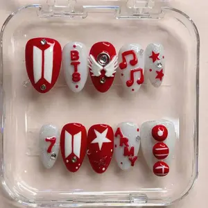 Concert Music Inspired Press On Nails | Red & White Army Nail Art Set | Handmade Kpop Concert Nail Set