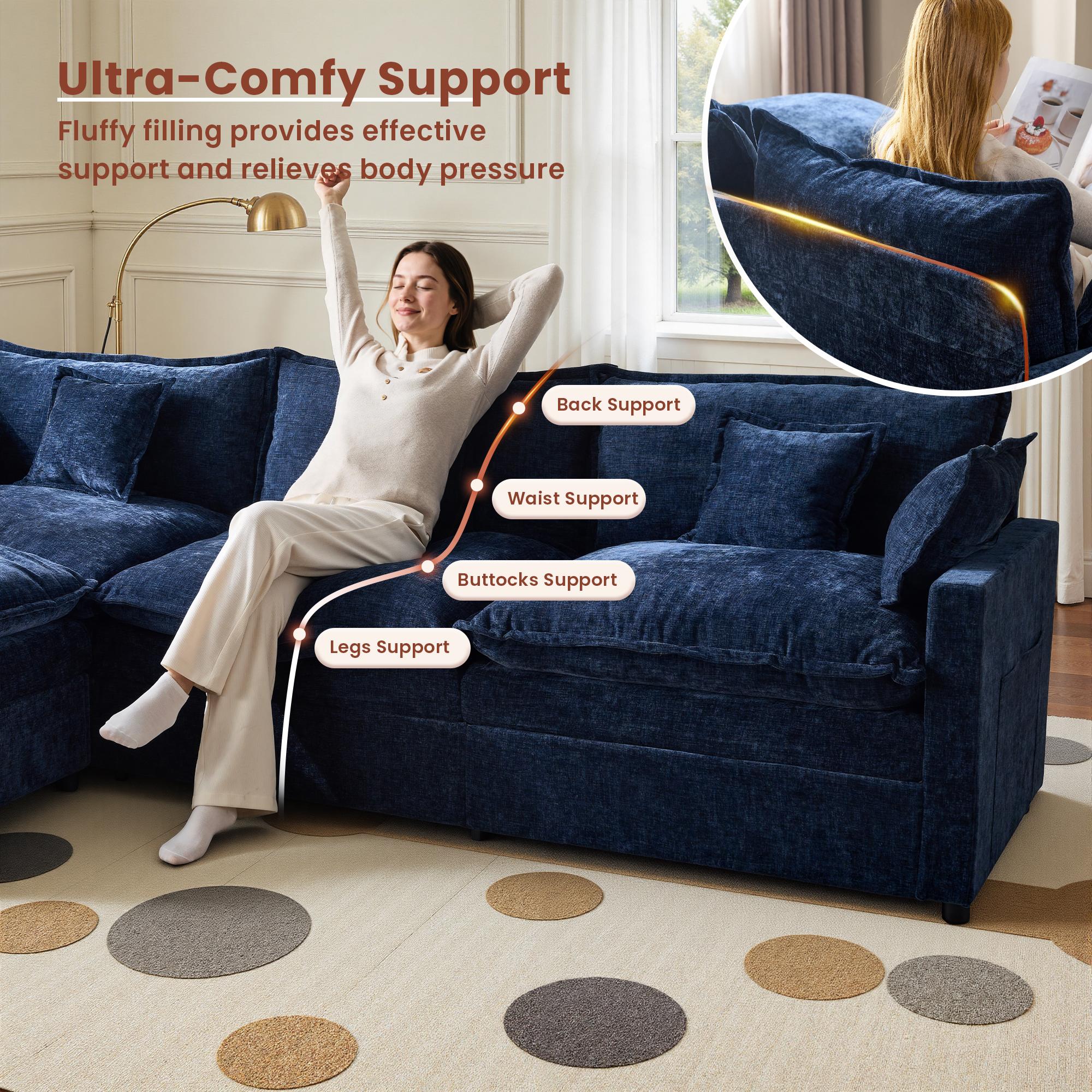 【2 Packages Shipping】OVIOS 108" U-Shaped Modern Sofa Modular Sectional Cloud Couch with 2 Ottoman, Comfy Chenille Deep Seat Sofa Bed for Living Room, Bedroom and Apartment, 5 Pillows Included
