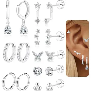 Hypoallergenic Flat Back Earrings for Cartilage Earring Set for Multiple Piercing Sterling Silver Huggie Hoop Earrings for Women 14K Gold Small FlatBack Stud Trendy Earring Stacks