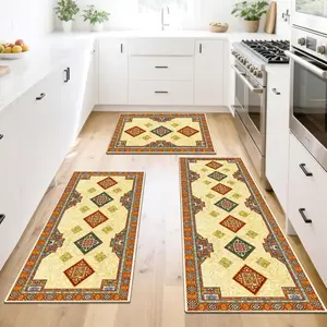 European Bohemian 3-Piece Kitchen Carpet Set, Soft & Comfortable Thick Mats, Easy Maintenance, Ideal for Bedroom, Living Room, Bathrooms, Boho Runner Rug
