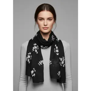 Intricate Floral Pansy Embroidered Light Weight Summer Shawl Scarf Wrap Black