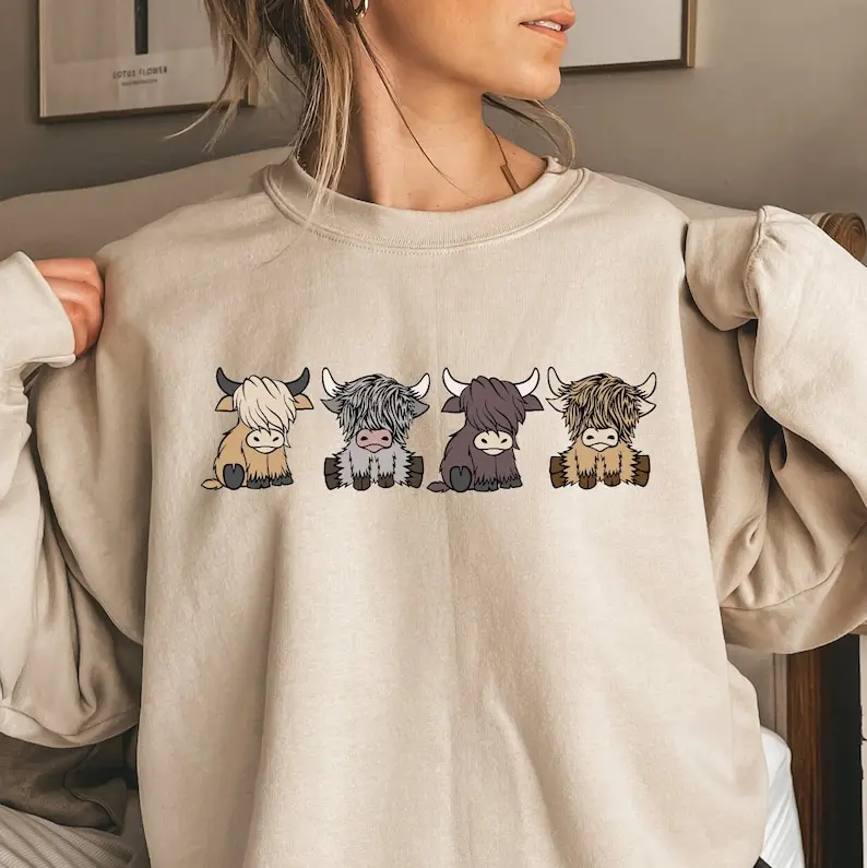 Highland Cow Sweatshirt - Cute Cow Design, Casual Western Crewneck, Light Polyester, Solid Top, Ideal for Gifts and Gifts