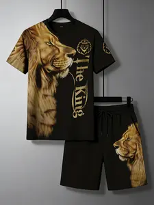 Hot Selling Men's Lion Print Sports Set, Breathable Print Casual Wear, Polyester Knit T-Shirt and Shorts Set