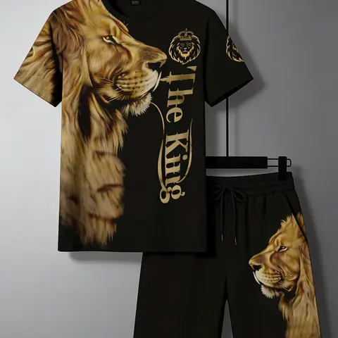 Hot Selling Men's Lion Print Sports Set, Breathable Print Casual Wear, Polyester Knit T-Shirt and Shorts Set Clothes Round Neck Shortsleeve Menswear