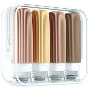 Travel Bottles for Toiletries, 3oz Portable Travel Bottles,  Free Leak Proof Squeezable Silicone Travel Size Containers, Travel Accessories with Clear Toiletry Bag (4 Pack) Organiser Tin Canister Apricot