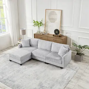 100" Cloud Couch Sectional Sofa with Movable Ottoman, L-Shaped Corduroy Corner Sofa with charging ports, Suitable for Living Room, Office and Spacious Spaces (Gray)