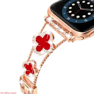 Rhinestone Inlaid Four Leaf Clover Metal Band, Fashion Elegant Wrist Strap Compatible With Apple Watch SE Series And Generation 1 To 11, Luxury Jewelry Accessory For Women For Daily Casual Dating And Party Wear (No watch)