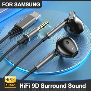 For Samsung USB Charging Headset Earphones HiFi 9D Surround Sound Stereo Sound Headphone USB Type C 3.5mm Headphone Jack Music Wired Earbuds For Galaxy S24 23 22 Ultra iPhone 15 Pro Max