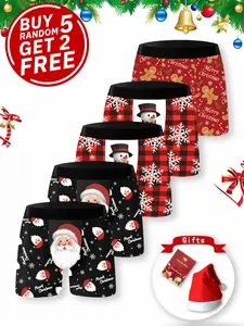 Buy 5 Get 2 Free | Christmas - themed Men's Boxer Briefs |Free Christmas Hat + Card | Random Christmas Prints (Gingerbread Man/Snowman/Reindeer) | Breathable Stretch Fabric | Comfy for Running/Fitness | Christmas Gift | Fun Prints | Christmas Apparel