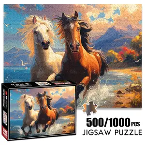 1pc 1000 piece adult puzzle 70x50cm Two Horses Running by the Seashore with Scenic Background 500 pieces of paper jigsaw puzzle, suitable for adults and families, large-scale DIY puzzle interactive