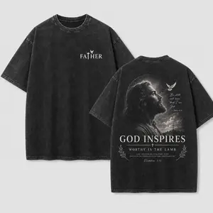 God Inspires Worthy Is The Lamb Christian Washed T-Shirt, Vintage Jesus Portrait Oversized Tee, Religious Art Cotton Top  streetwear gift