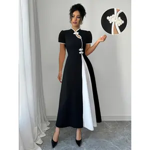 Graceful Black and White Pencil Dress with Stand Collar and Button Front - Suitable for Adult Women, Suitable for All Seasons, Fashionable A-line Design, Elegant Clothing|Classic A-line Skirt|Fashion High Heels