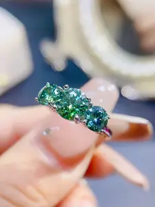 Vintage Moissanite Ring 925 Sterling Silver, 2/4 Carat Round Three Gemstone Design, Romantic Engagement Jewelry Gift